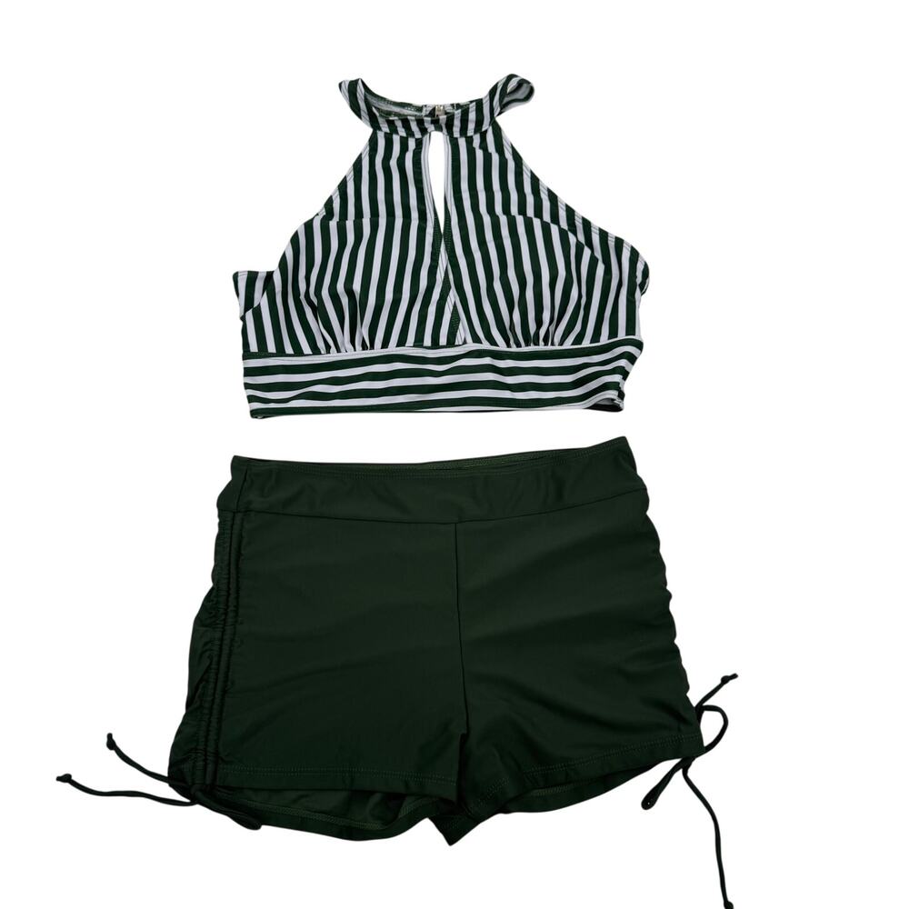 Soly Hux Women's Medium Green Striped 2 Piece Bikini Tankini Shorts Swimwear Set